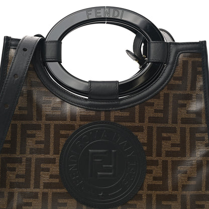 Fendi Glazed Fabric Vitello Century Plexiglass FF 1974 Stamp Patch Small Runaway Shopper Tote Mogano Panna Black 8 of 10
