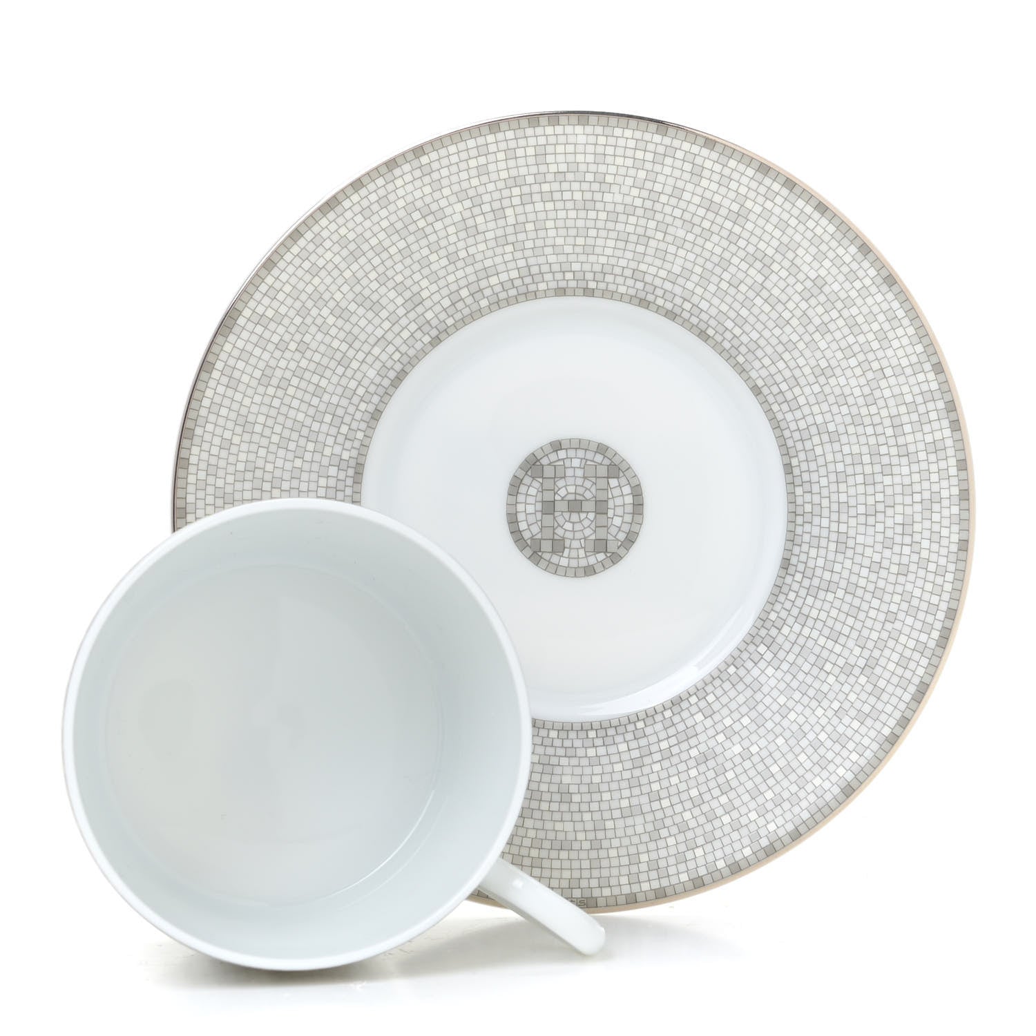 Hermes Porcelain Mosaique Au 24 Platine Tea Cup And Saucer Set Of 2 Platinum 4 of 9