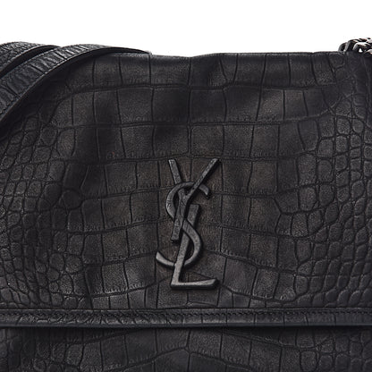 Saint Laurent Nubuck Crocodile Embossed Monogram Medium Niki Chain Satchel Black 16 of 17