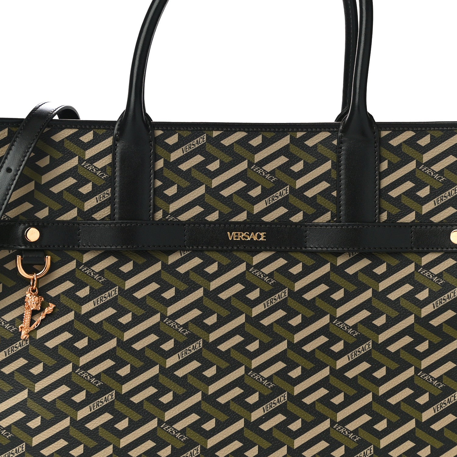 Versace Coated Canvas Calfskin La Greca Signature Tote Bag Black Khaki 8 of 10