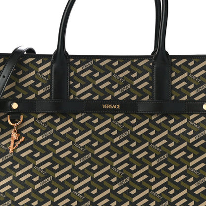 Versace Coated Canvas Calfskin La Greca Signature Tote Bag Black Khaki 8 of 10
