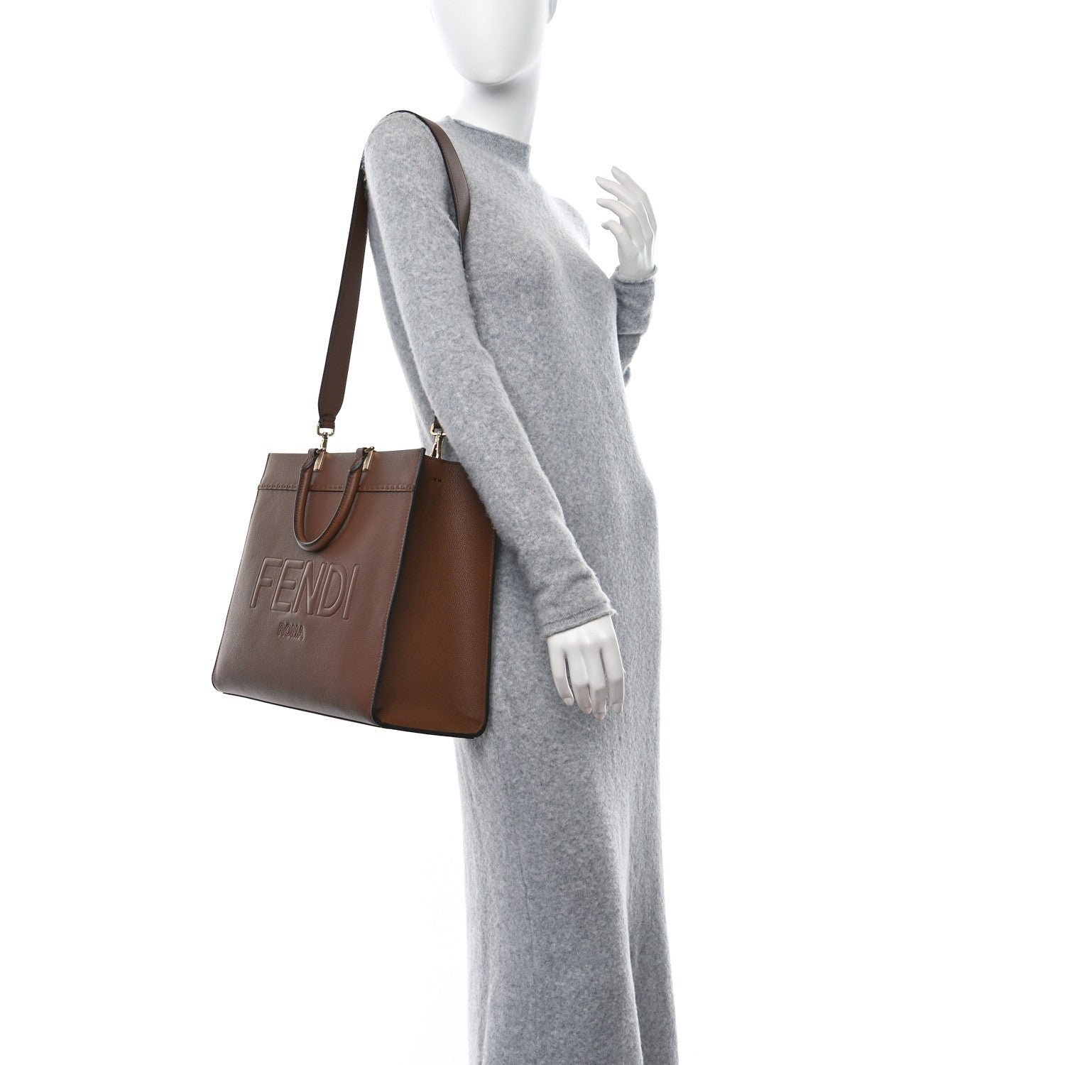 Fendi Vitello Cher Logo Debossed Medium Fendi Sunshine Shopper Tote Gianduia 2 of 12