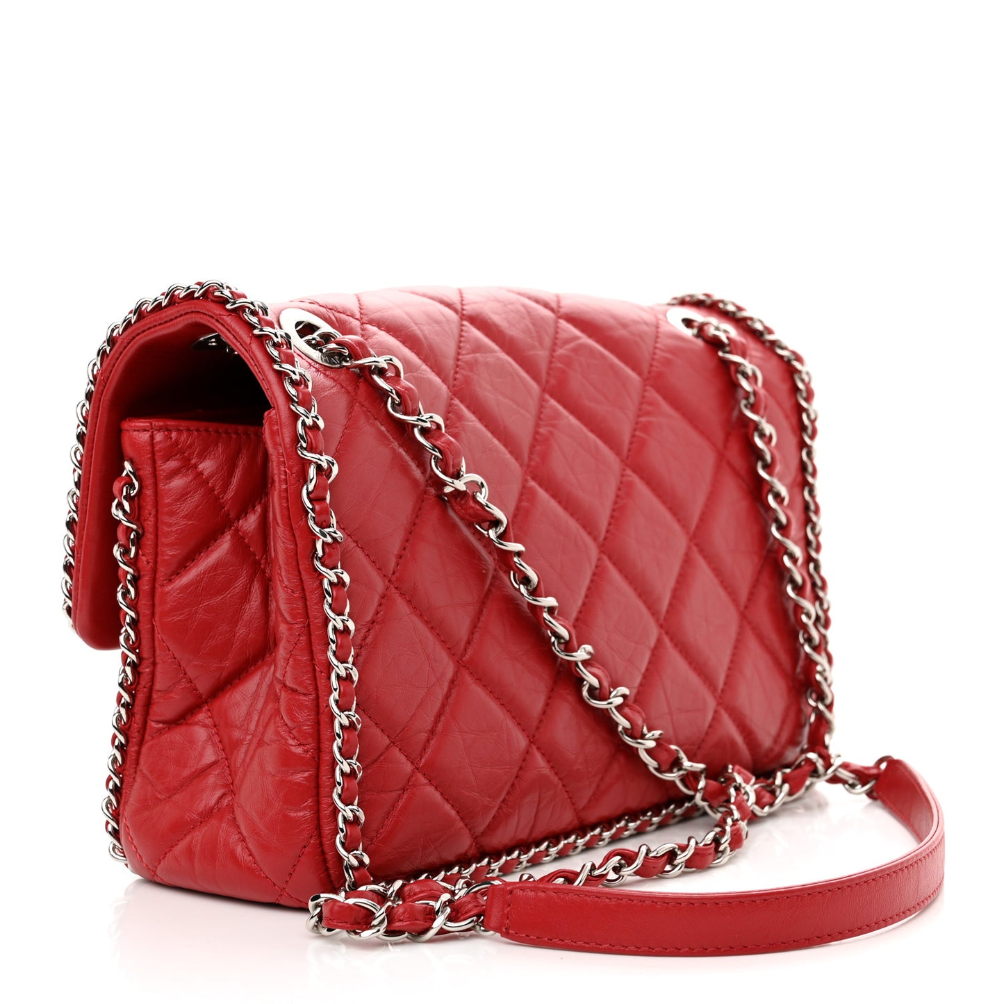 Crumpled Calfskin Medium Chain All Over Flap Red