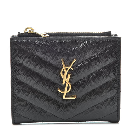 Saint Laurent Grain De Poudre Matelasse Chevron Monogram Zipped Card Case Black 1 of 7