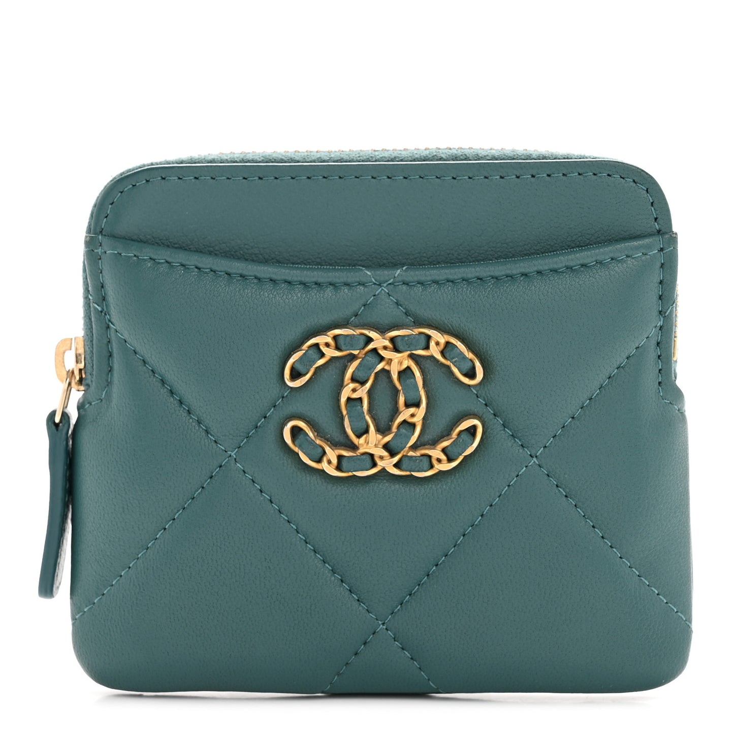 Lambskin Quilted Chanel 19 Zip Card Holder Wallet Dark Green