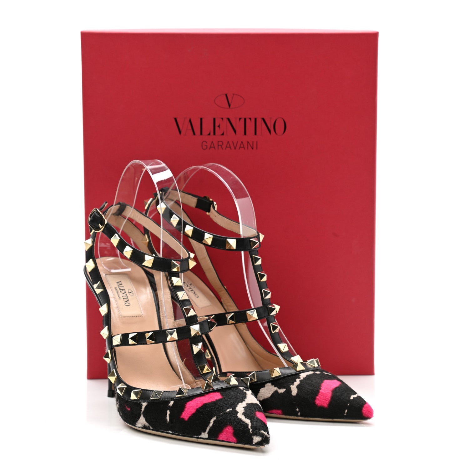 Valentino Garavani Calf Hair Leopard Print Rockstud Ankle Strap Pumps 40 Black Pink 13 of 13