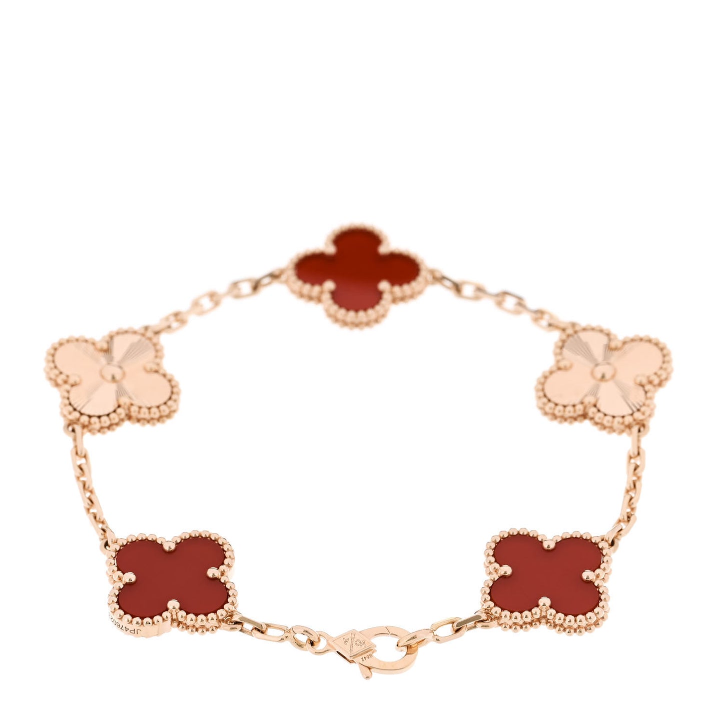 18K Rose Gold Carnelian 5 Motifs Guilloche Vintage Alhambra Bracelet