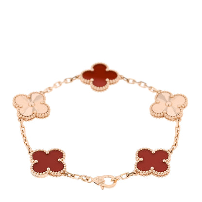 Van Cleef & Arpels 18K Rose Gold Carnelian 5 Motifs Guilloche Vintage Alhambra Bracelet 2 of 6