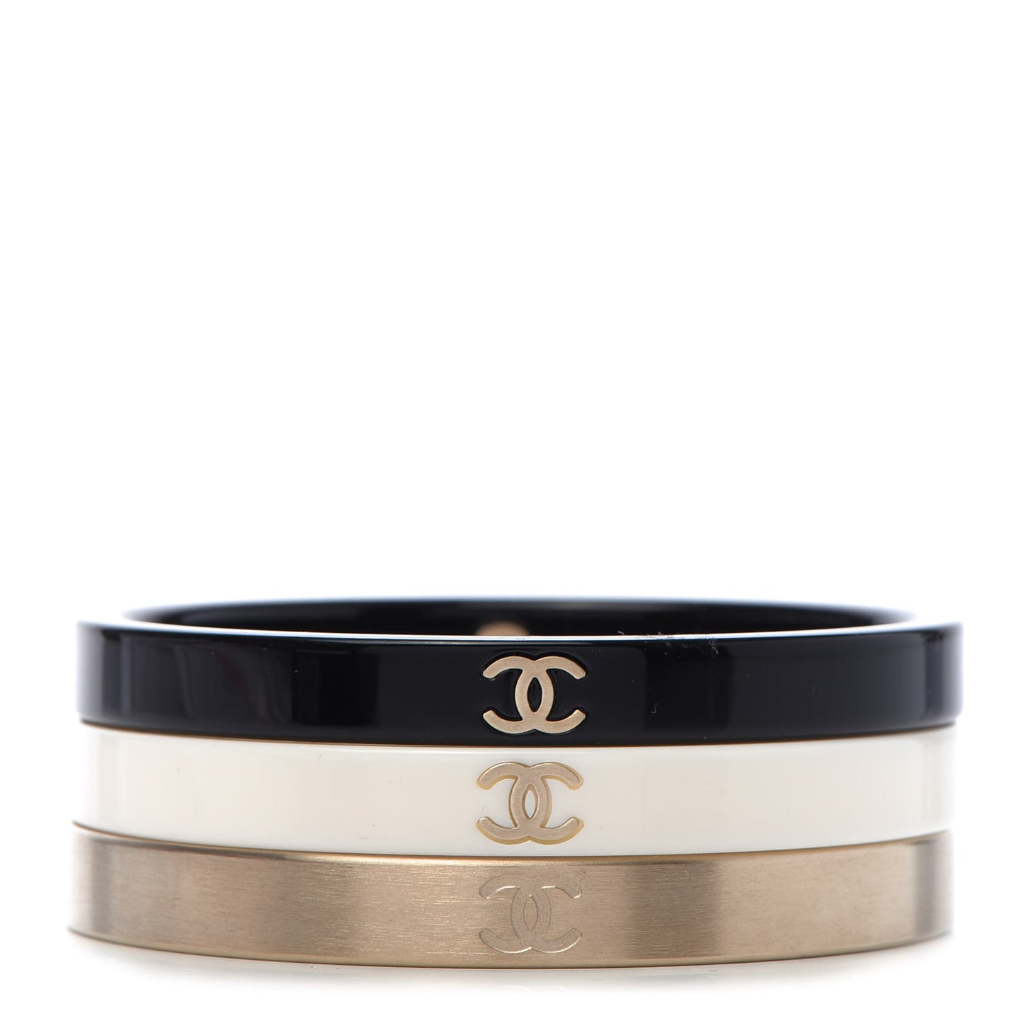 Resin Metal CC Bangle Set of 3 Black White Gold