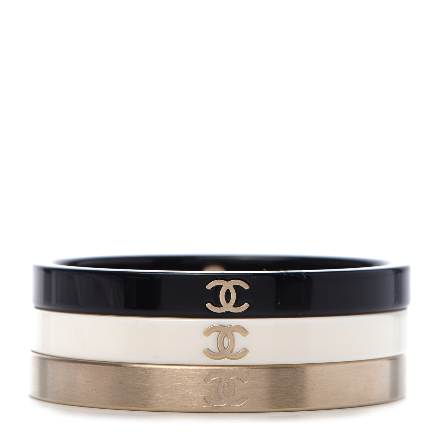 Chanel Resin Metal CC Bangle Set of 3 Black White Gold 1 of 6