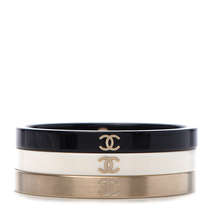 Chanel Resin Metal CC Bangle Set of 3 Black White Gold 1 of 6