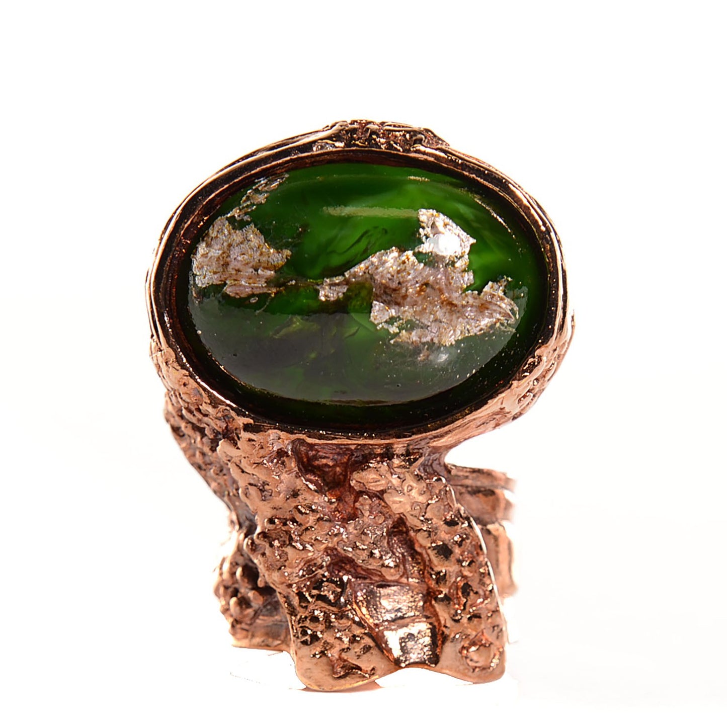 Glass Cabochon Arty Ovale Ring 6 Rose Gold Green
