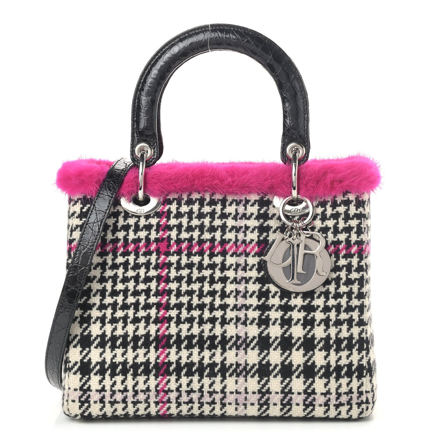 Christian Dior Tweed Crocodile Mink Plaid Medium Lady Dior Black Pink White 1 of 9