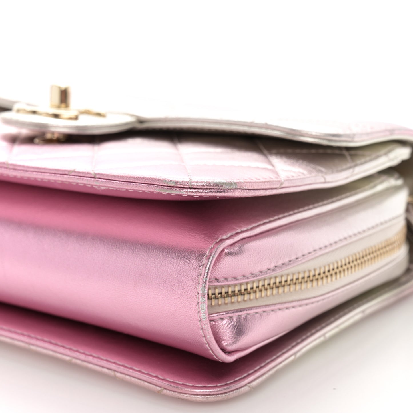 Metallic Lambskin Quilted Large Like A Wallet Flap Golden Pink
