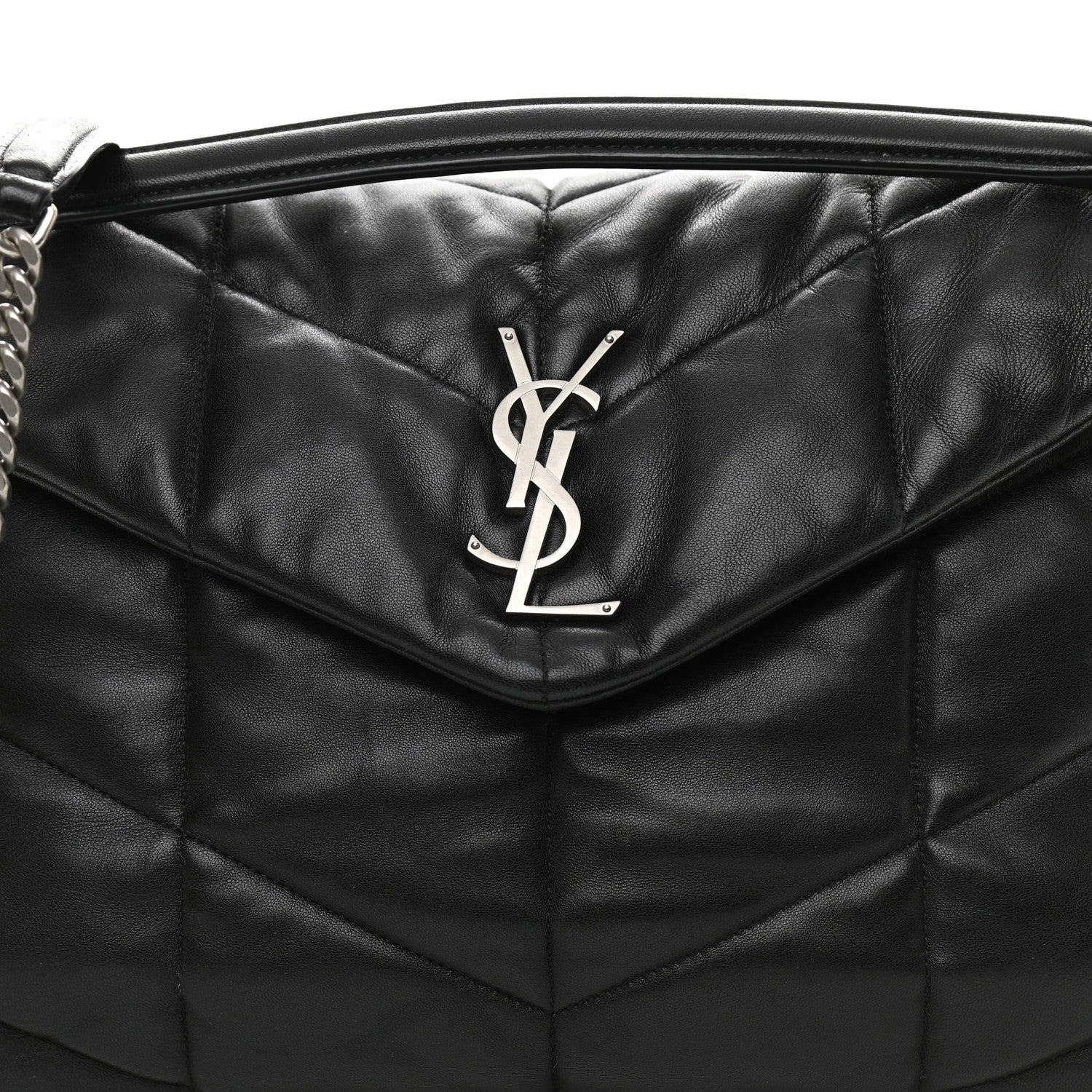 Saint Laurent Lambskin Quilted Medium Loulou Puffer Monogram Chain Satchel Black 7 of 12