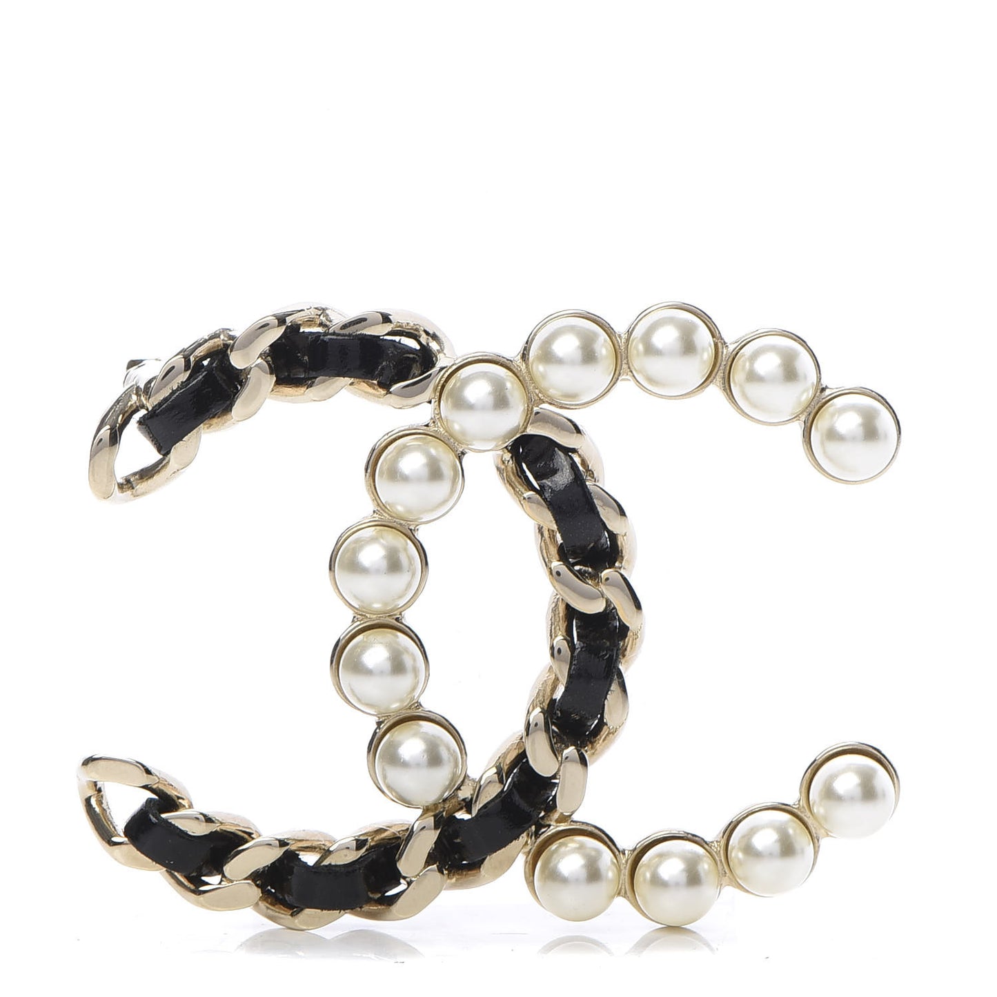 Lambskin Pearl CC Chain Brooch Black Gold