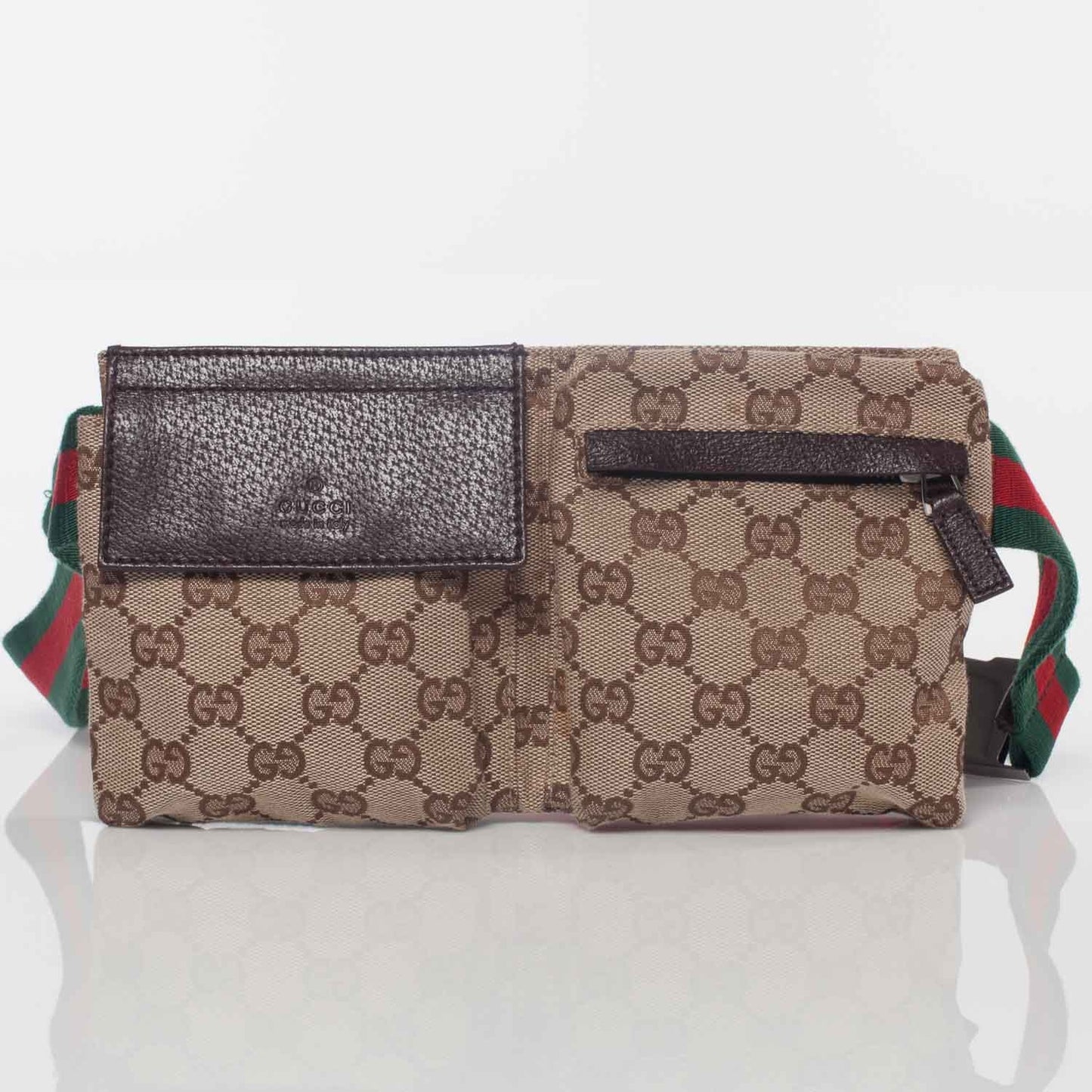 GG Monogram Web Double Pocket Belt Bag Ebony