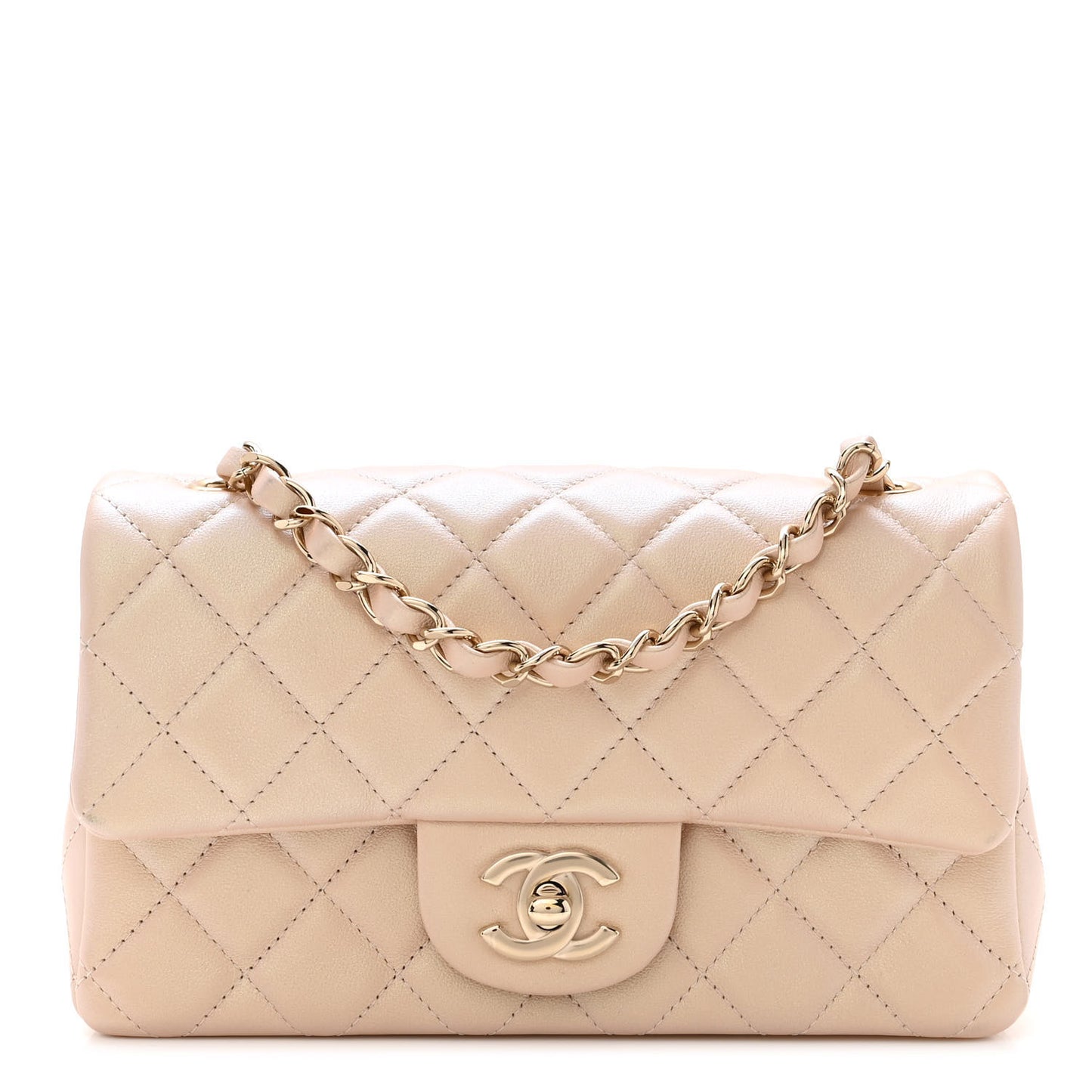 Iridescent Calfskin Quilted Mini Rectangular Flap Beige