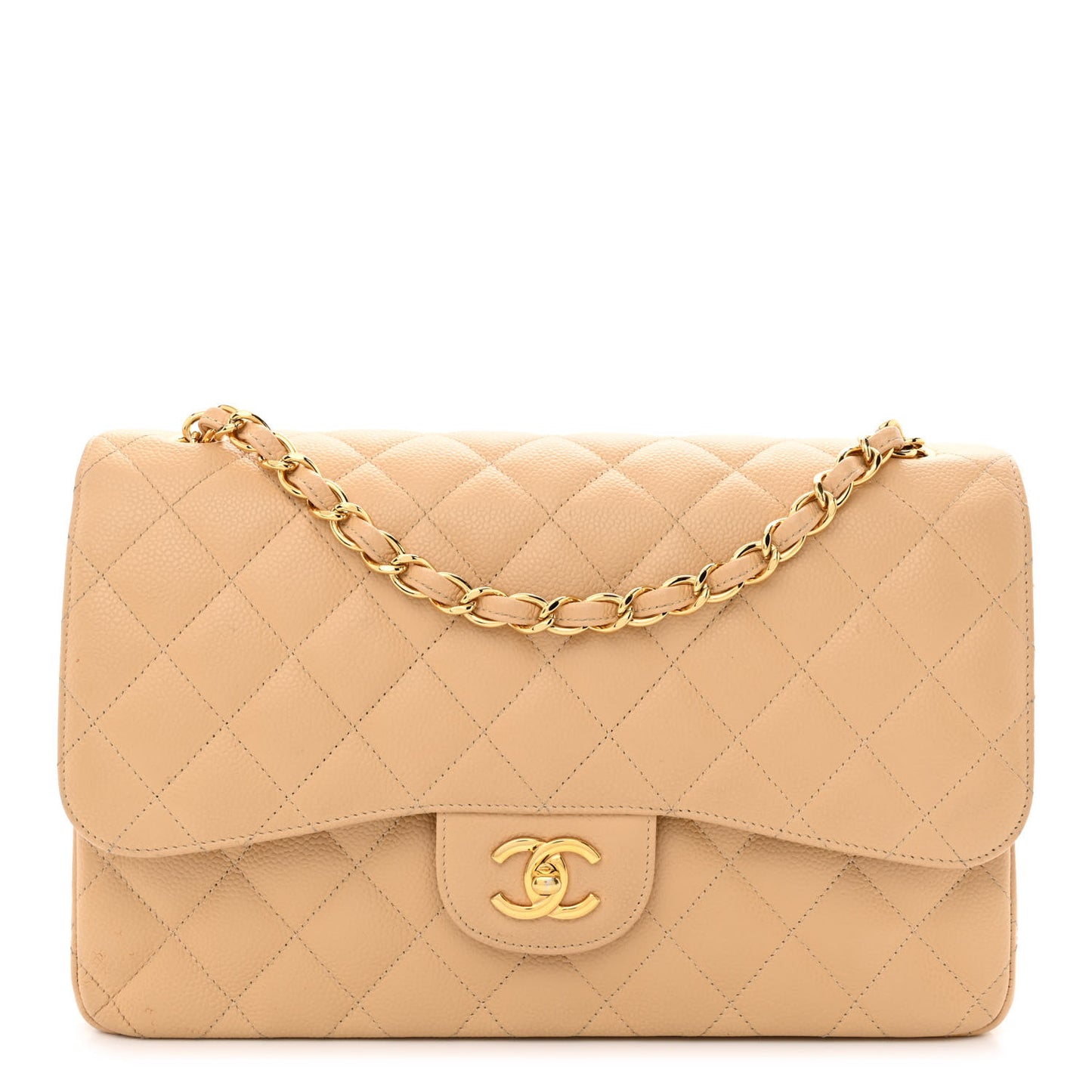 Caviar Quilted Jumbo Double Flap Beige