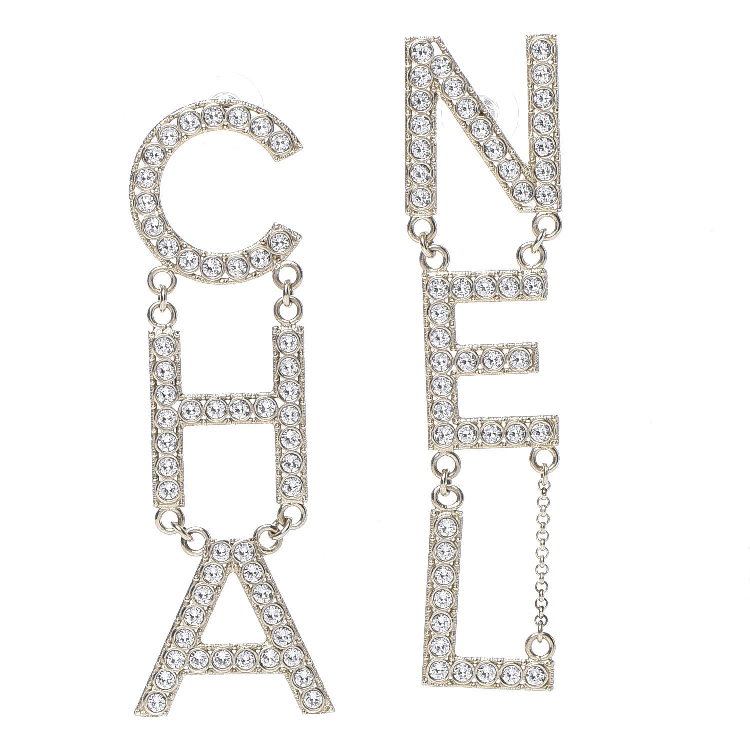Chanel Crystal Cha-Nel Logo Drop Earrings Gold 1 of 5
