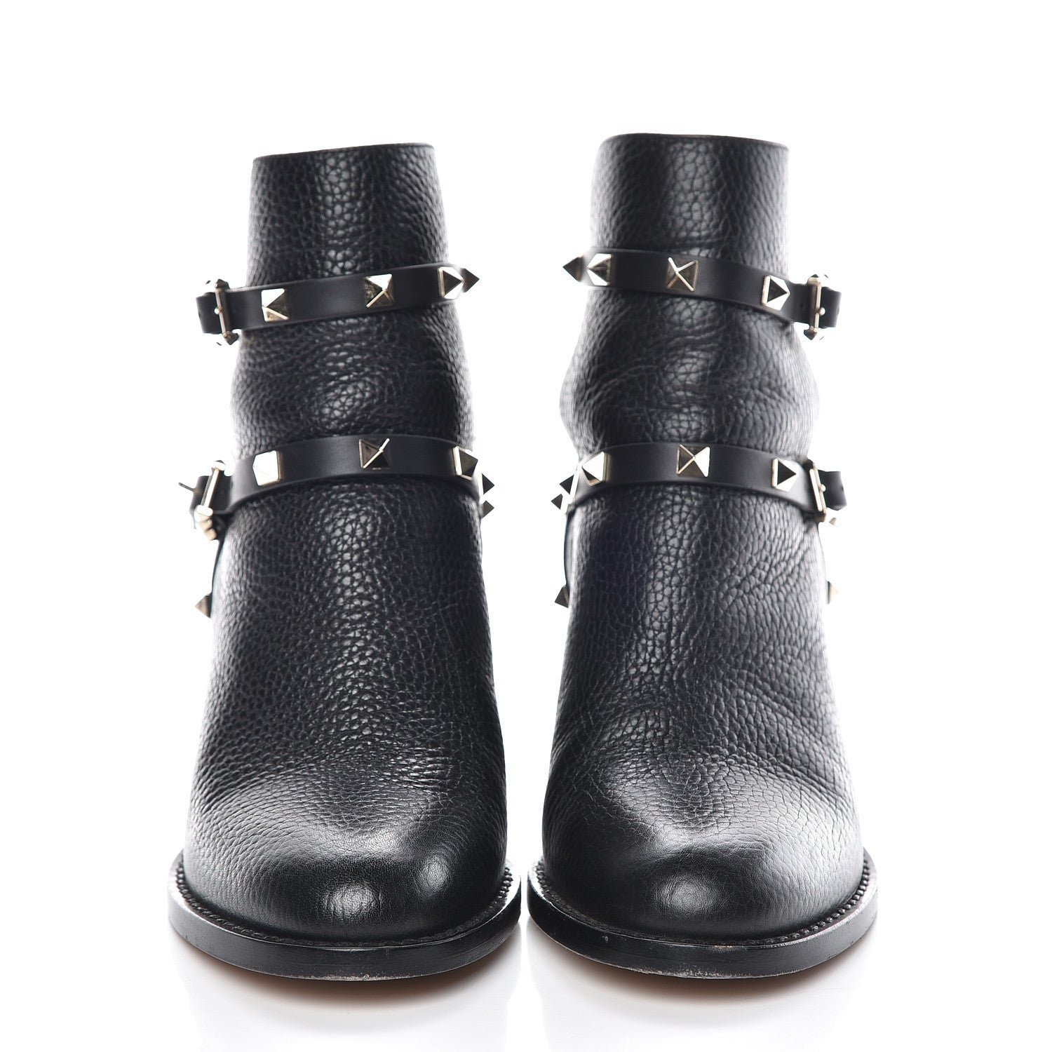 Valentino Garavani Pebbled Calfskin Rockstud Double Buckle 70mm Block Heel Ankle Boots 36.5 Black 2 of 13