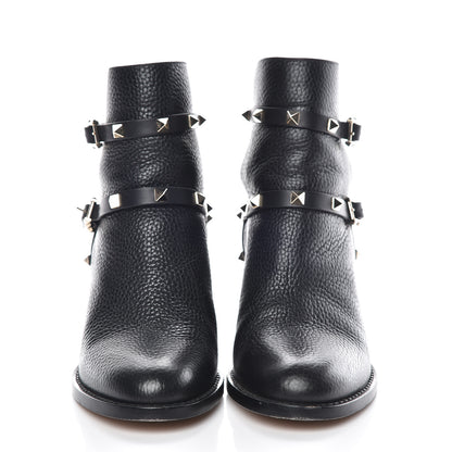 Valentino Garavani Pebbled Calfskin Rockstud Double Buckle 70mm Block Heel Ankle Boots 36.5 Black 2 of 13