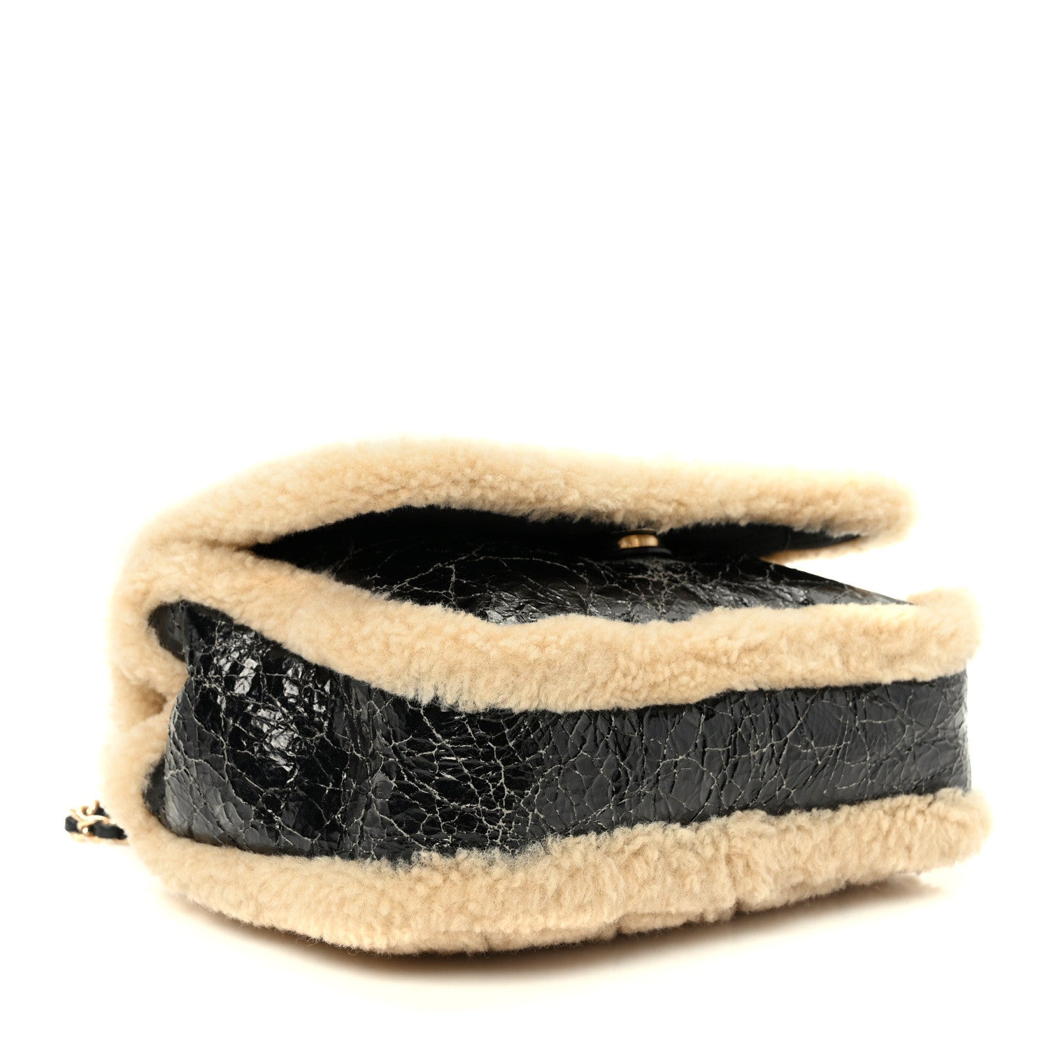 Chanel Shiny Crumpled Sheepskin Shearling CC Mania Flap Bag Black Beige 4 of 10