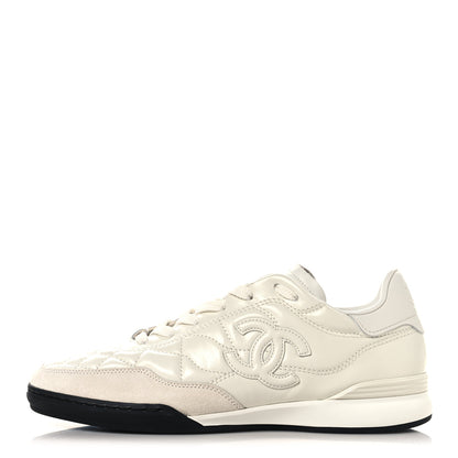 Chanel Shiny Calfskin Suede Quilted CC Logo Sneakers 36.5 White 1 of 9