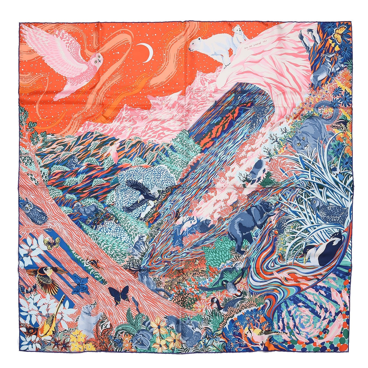 Hermes Silk Into The Canadian Wild Scarf 90 Orange Vert Bleu 1 of 4