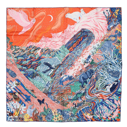 Hermes Silk Into The Canadian Wild Scarf 90 Orange Vert Bleu 1 of 4
