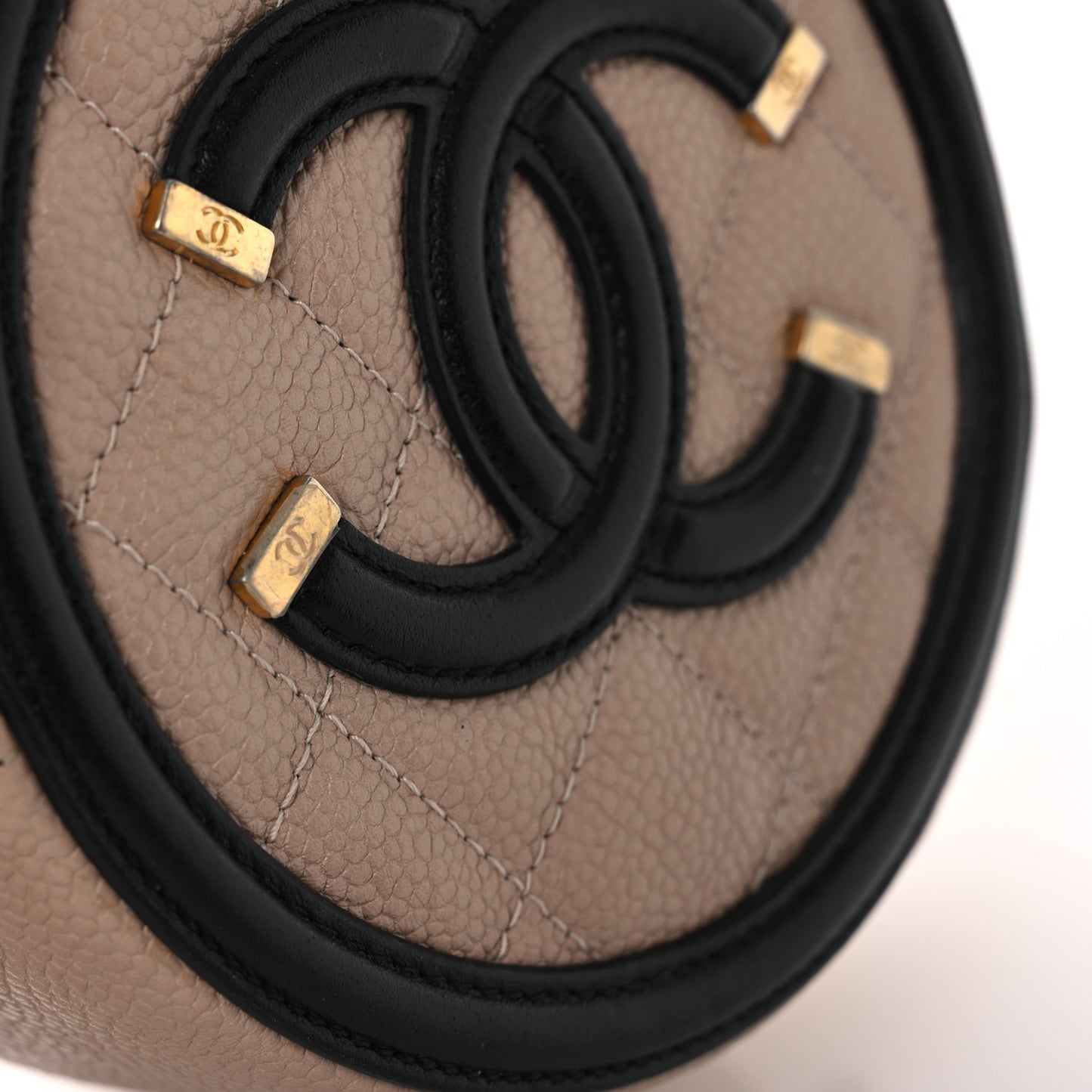 Caviar Quilted Round Filigree Crossbody Beige Black