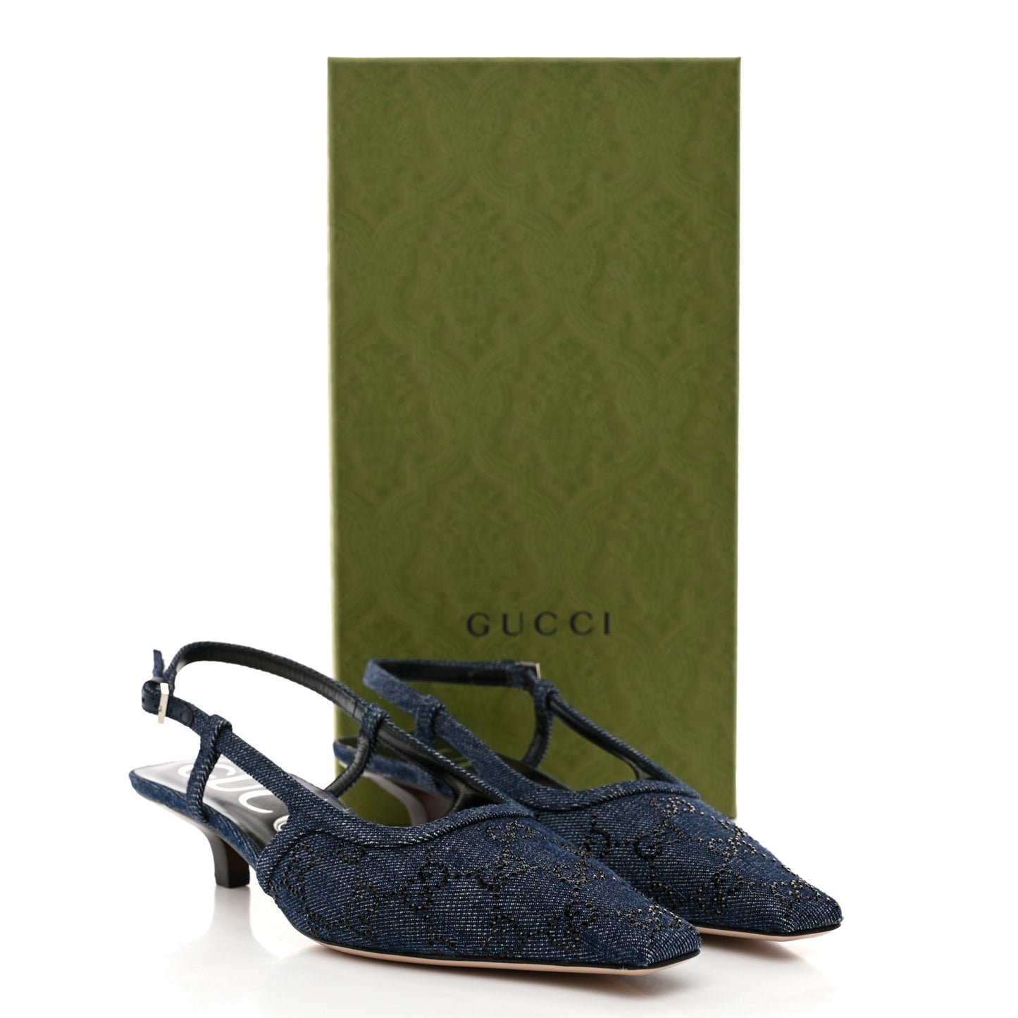 Denim GG Monogram Malaga Kid Crystal Square G 35mm Slingback Pumps 37 Blue