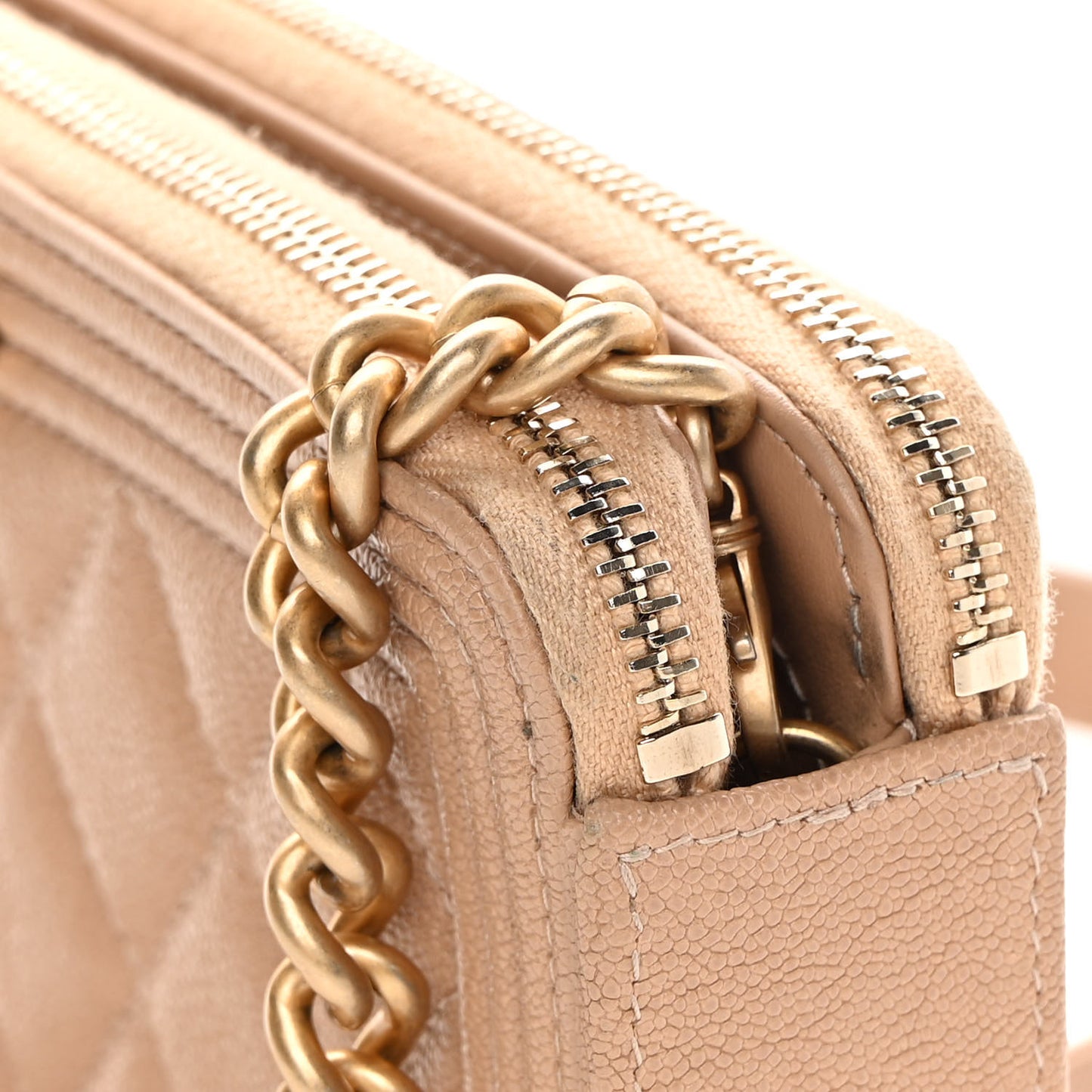 Caviar Quilted Small Boy Clutch With Chain Beige
