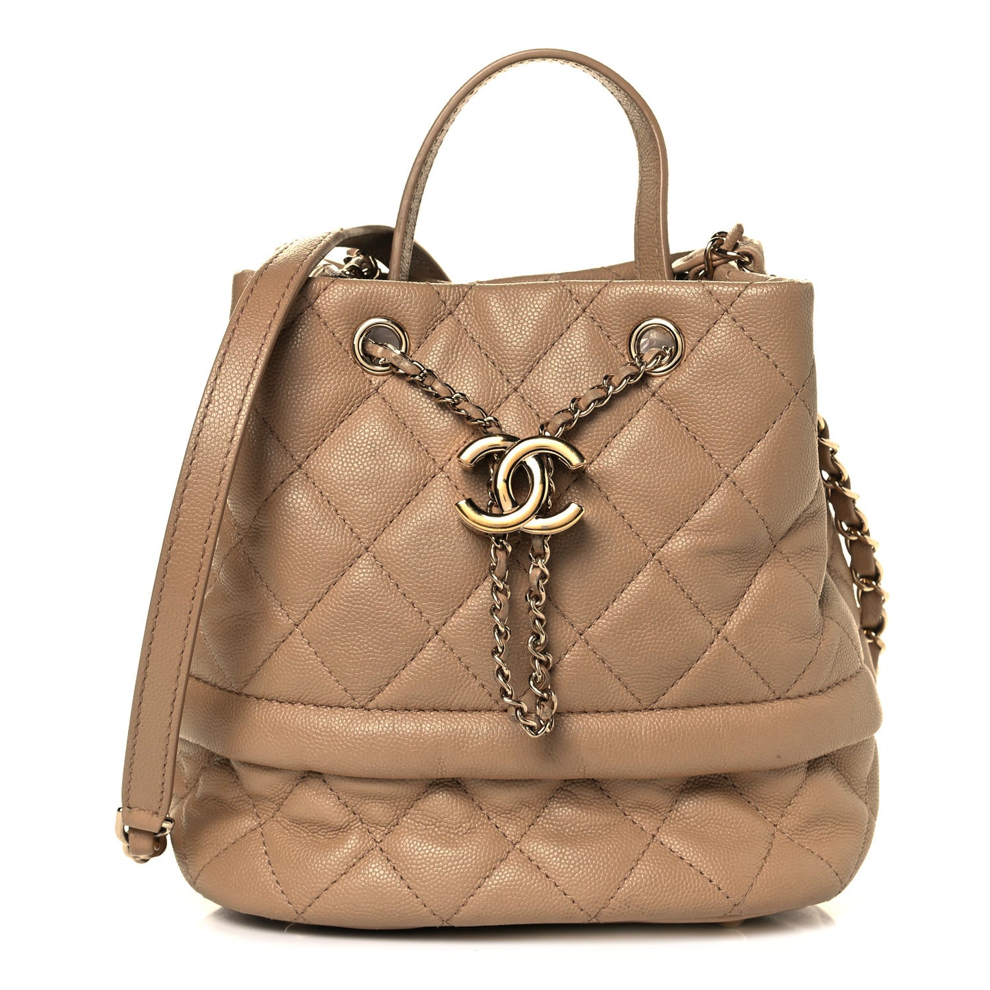 Caviar Quilted Rolled Up Bucket Drawstring Bag Beige