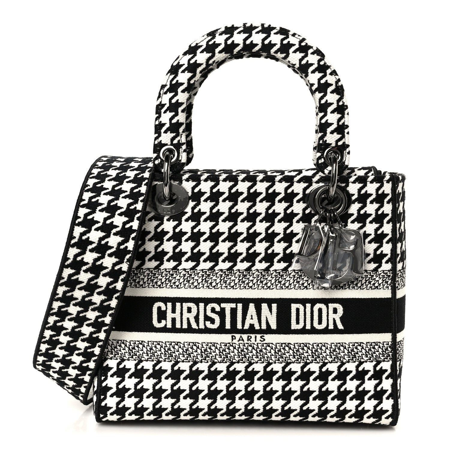 Christian Dior Canvas Houndstooth Embroidered Medium Lady D-Lite Black White 1 of 10