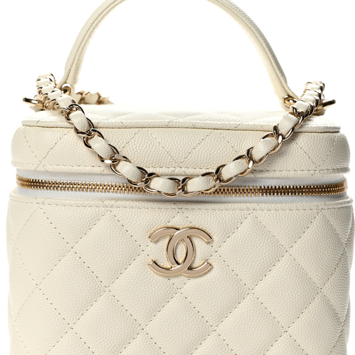 Caviar Quilted Small Top Handle Vanity Case With Chain White
