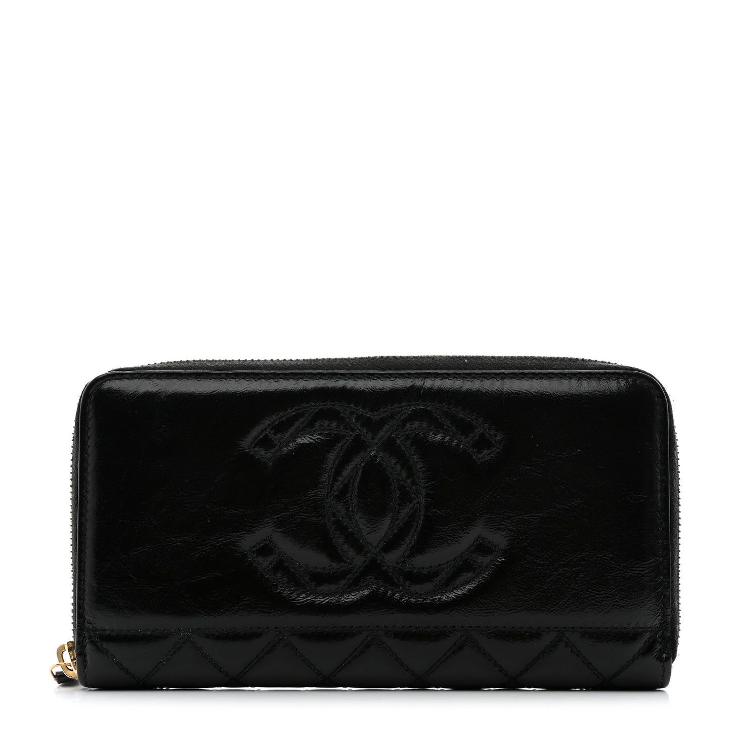 Shiny Aged Calfskin Quilted CC Wallet Black