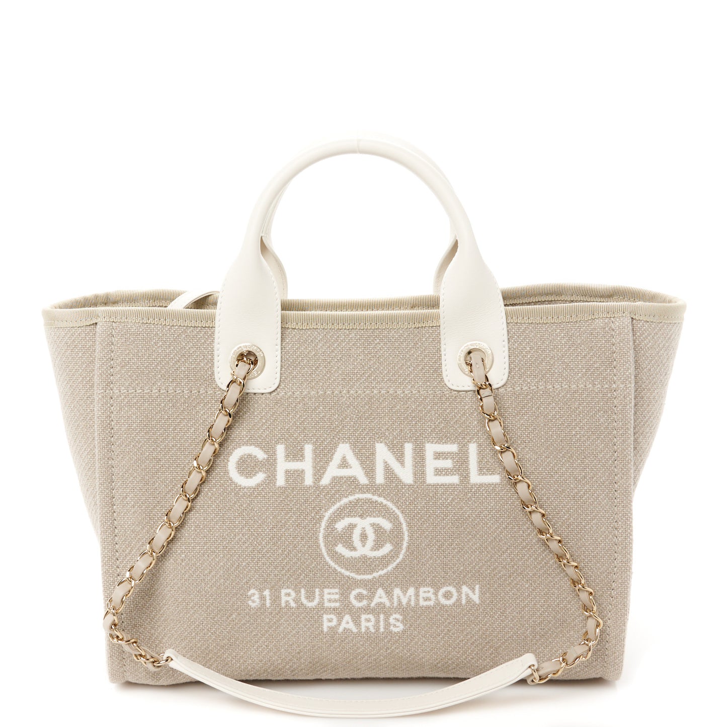 Mixed Fibers Calfskin Small Deauville Tote Beige White