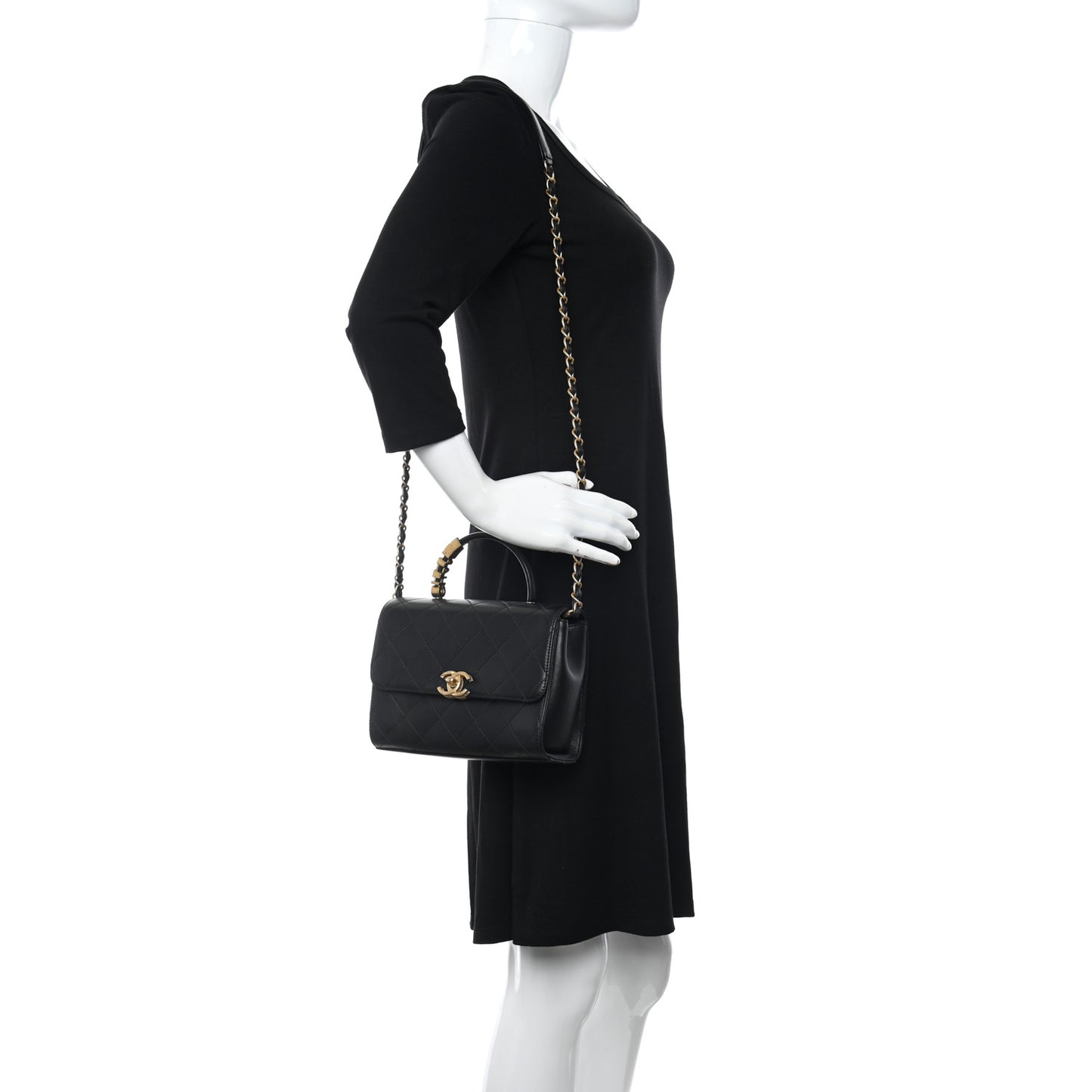 Lambskin Stitched Pearl Logo Top Handle Flap Black