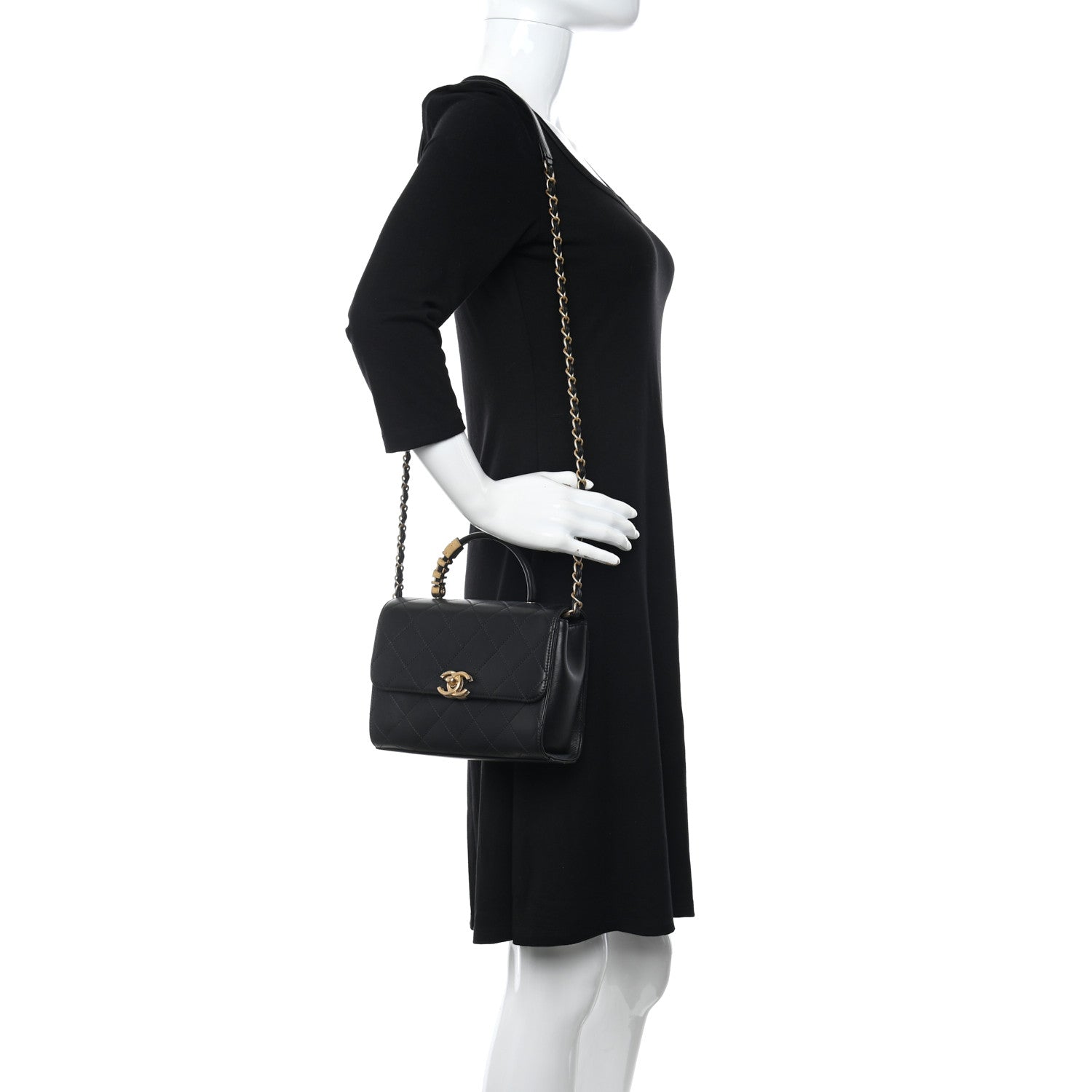 Chanel Lambskin Stitched Pearl Logo Top Handle Flap Black 2 of 11