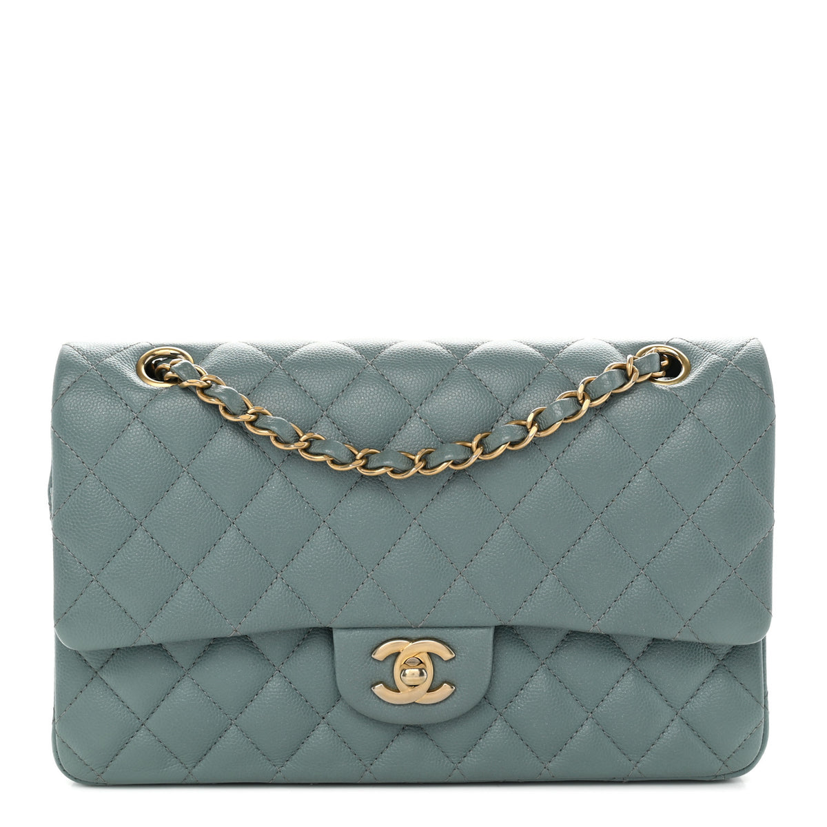 Iridescent Caviar Quilted Medium Double Flap Light Blue