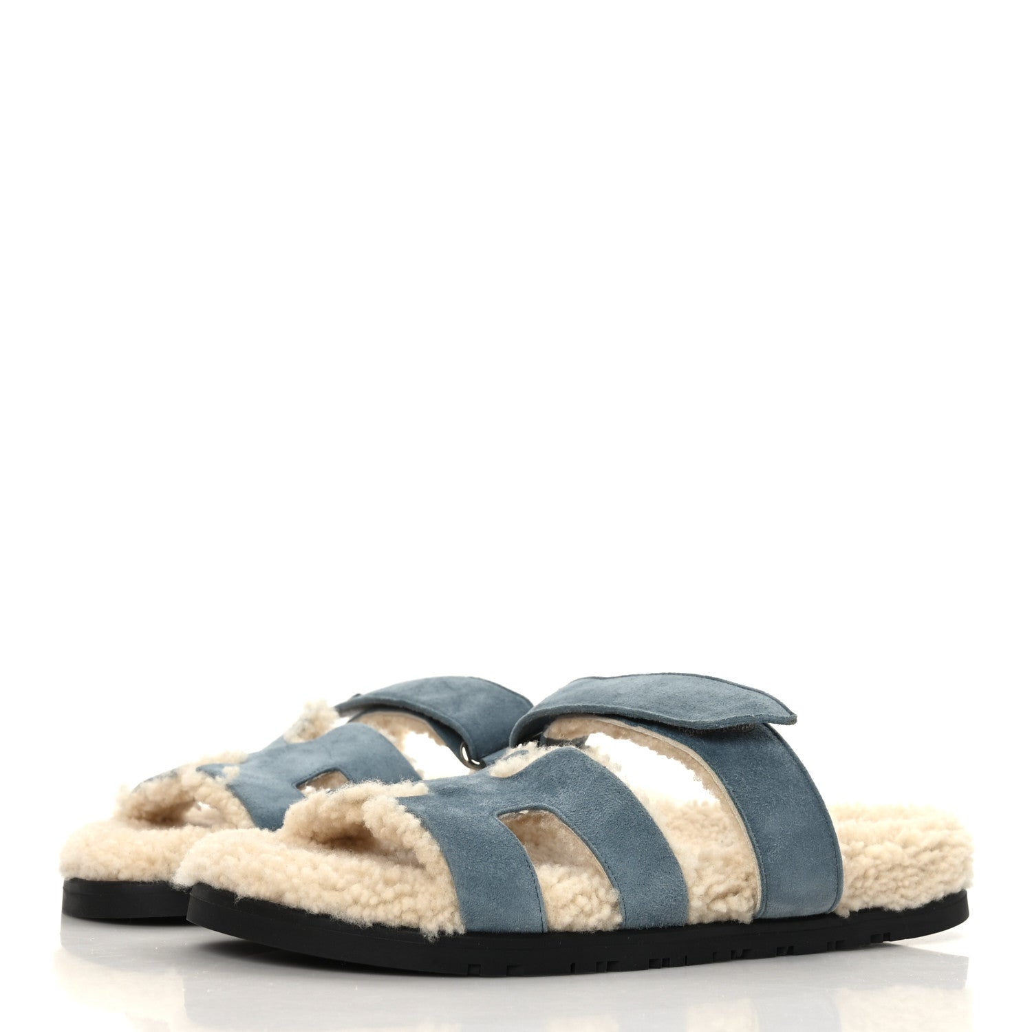 Hermes Suede Goatskin Woolskin Womens Chypre Sandals 38 Bleu Pinede Ecru 4 of 16