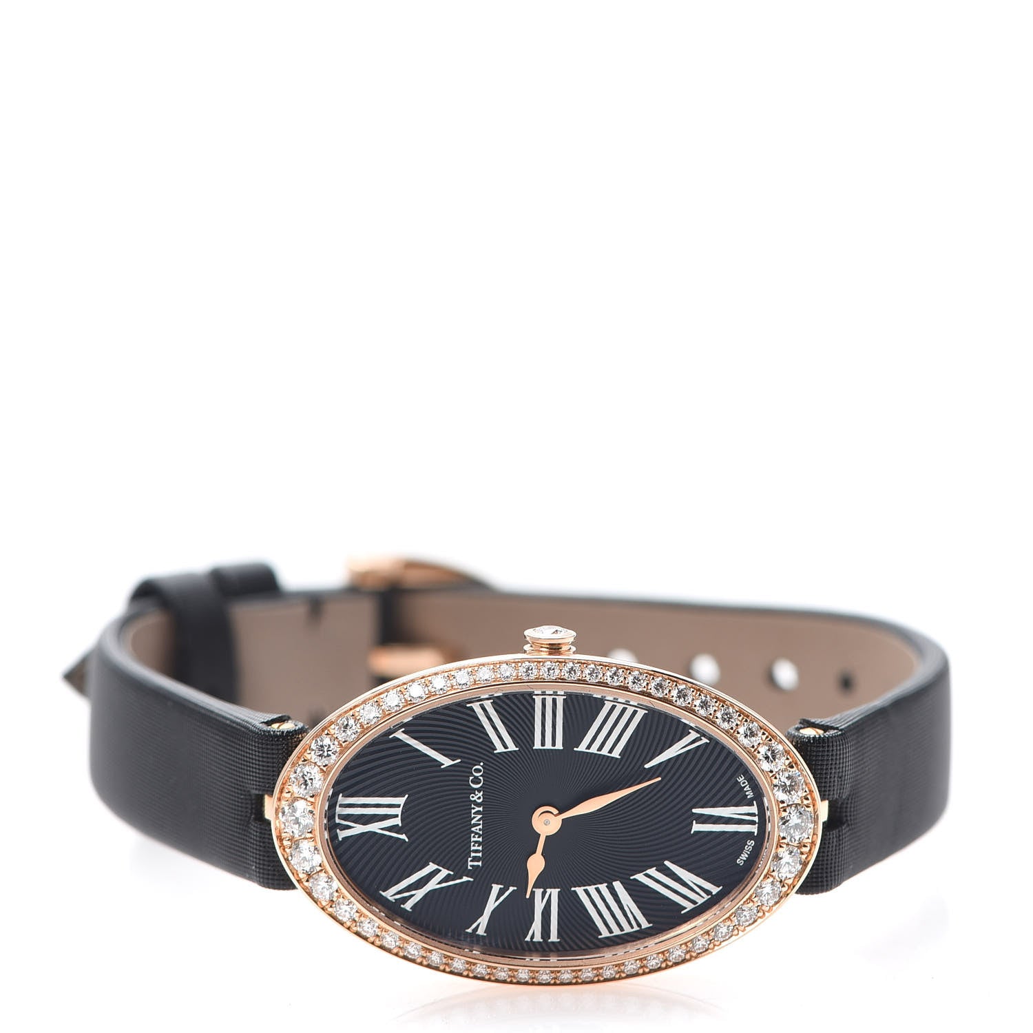 Tiffany 18K Rose Gold Satin Diamond Bezel 21mm 2-Hand Cocktail Quartz Watch Black 2 of 7