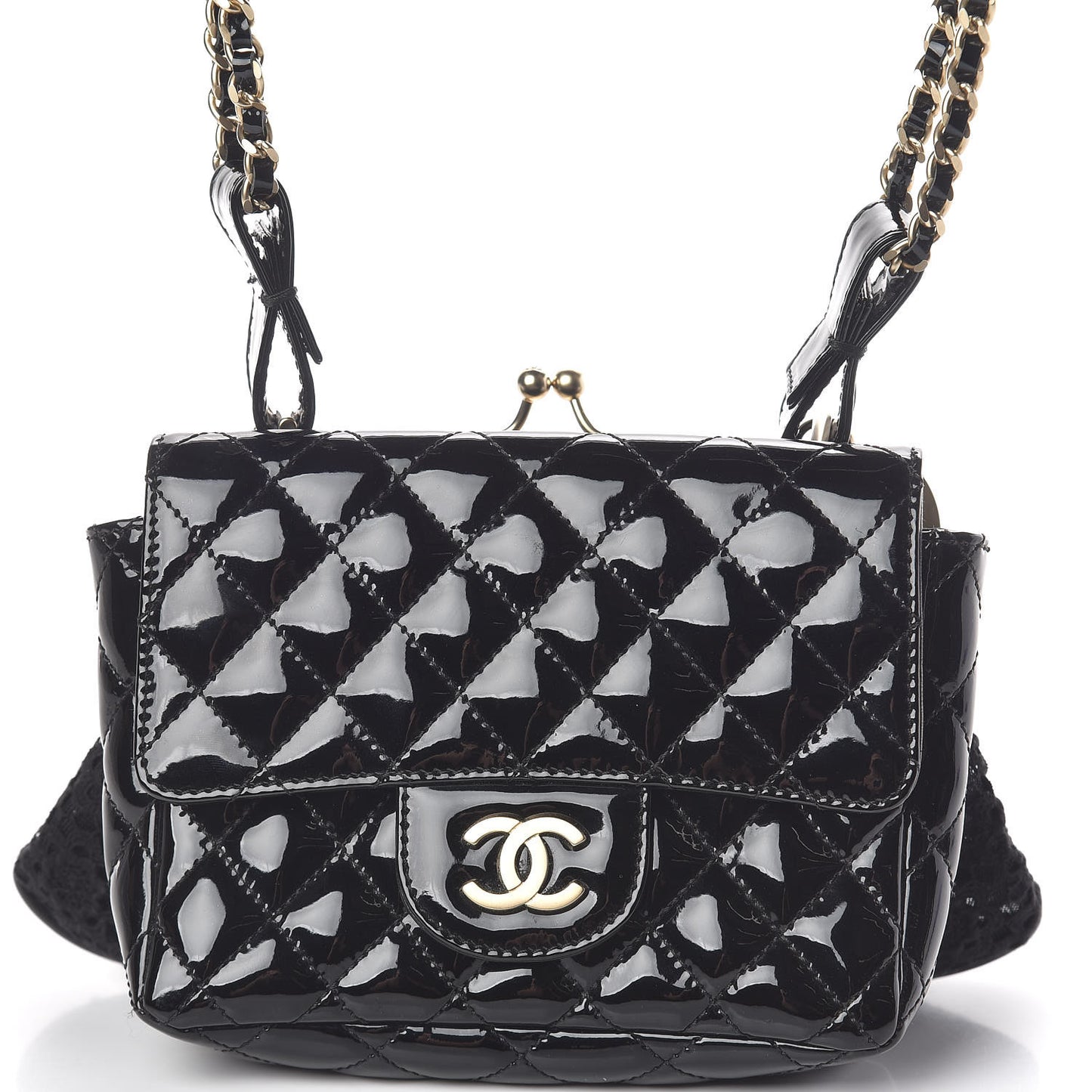 Patent Lace Mini Kiss Lock Double Bag Black