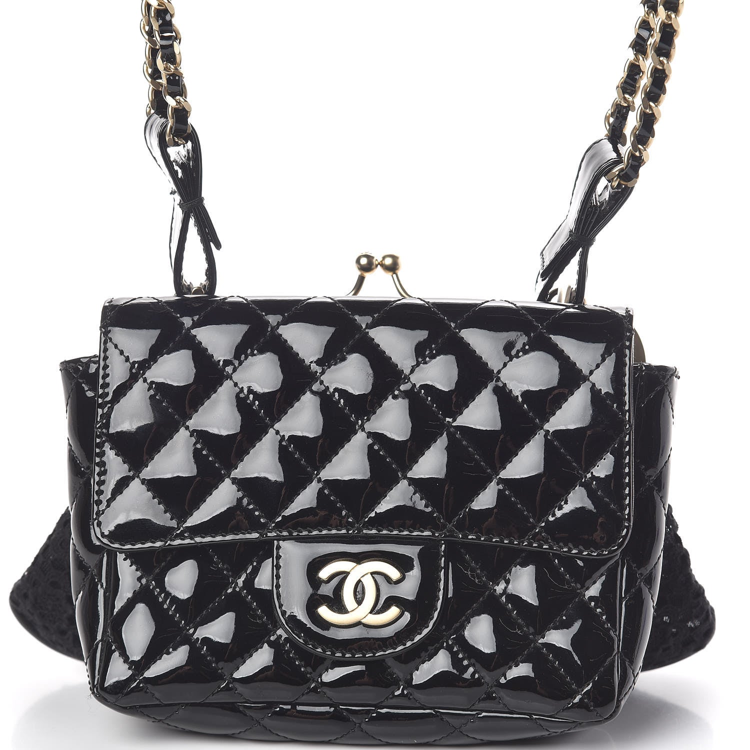 Chanel Patent Lace Mini Kiss Lock Double Bag Black 10 of 13