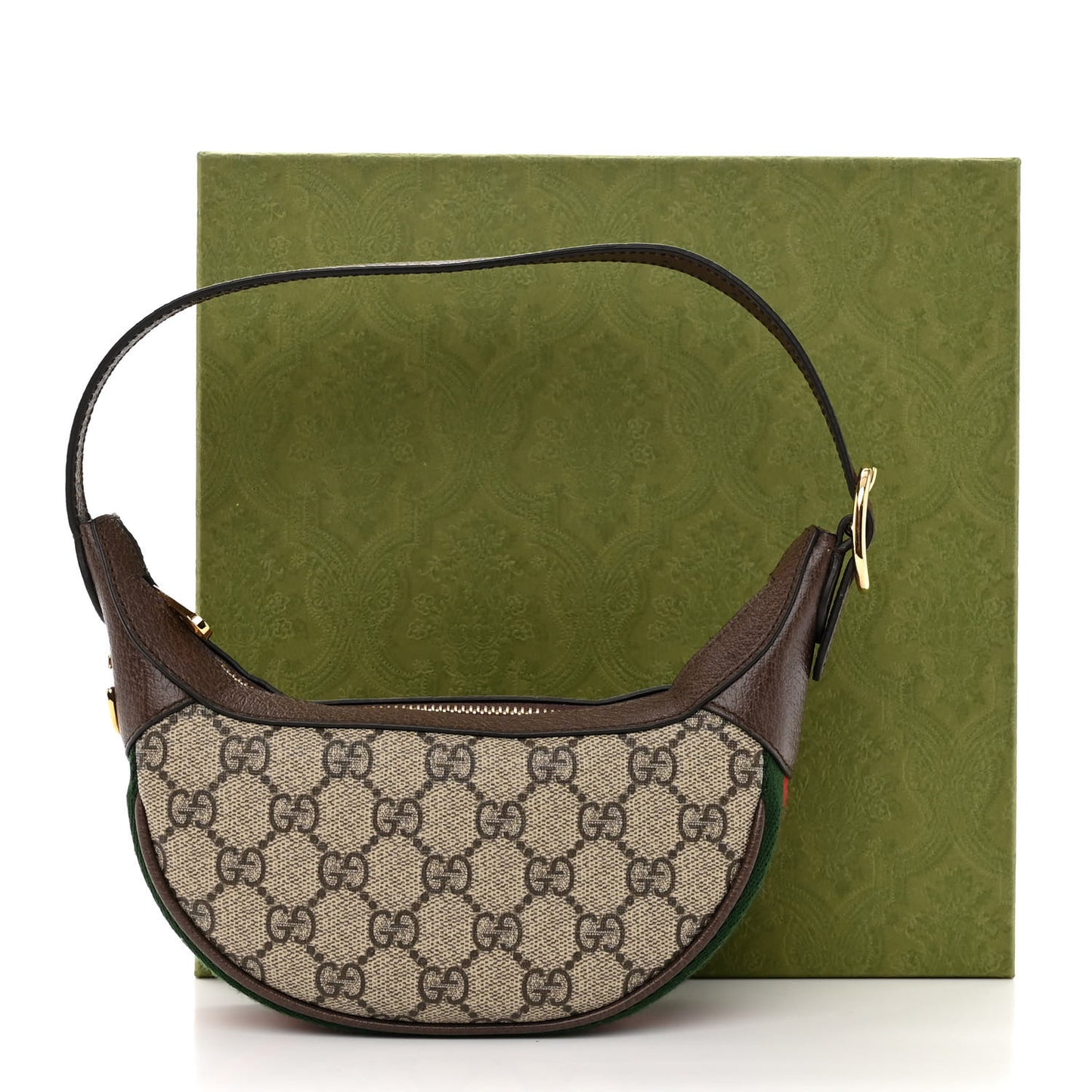 GG Supreme Monogram Textured Calfskin Web Mini Ophidia Half Moon Hobo Beige Ebony New Acero