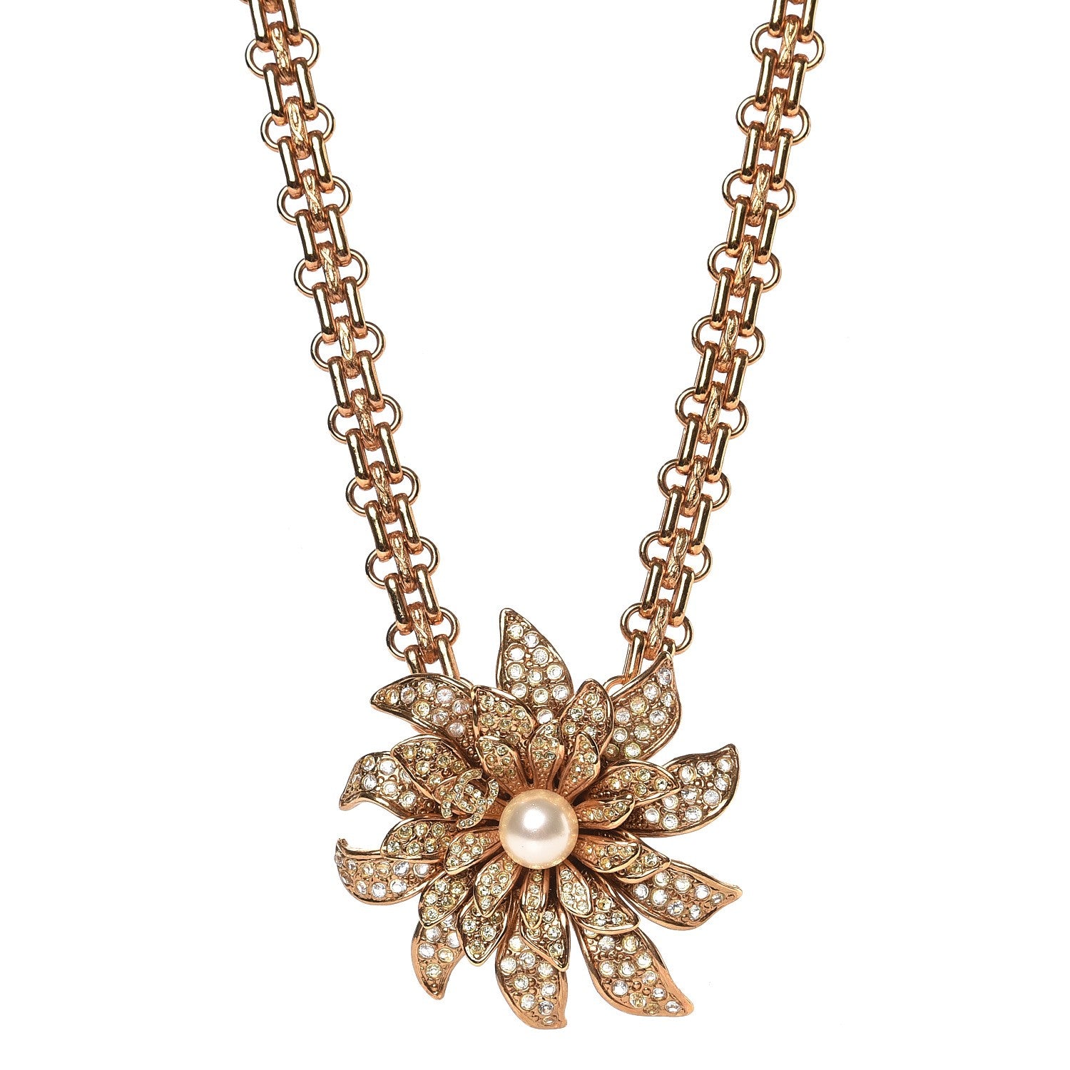 Chanel Crystal Pearl Flower CC Chain Link Necklace Gold 1 of 4
