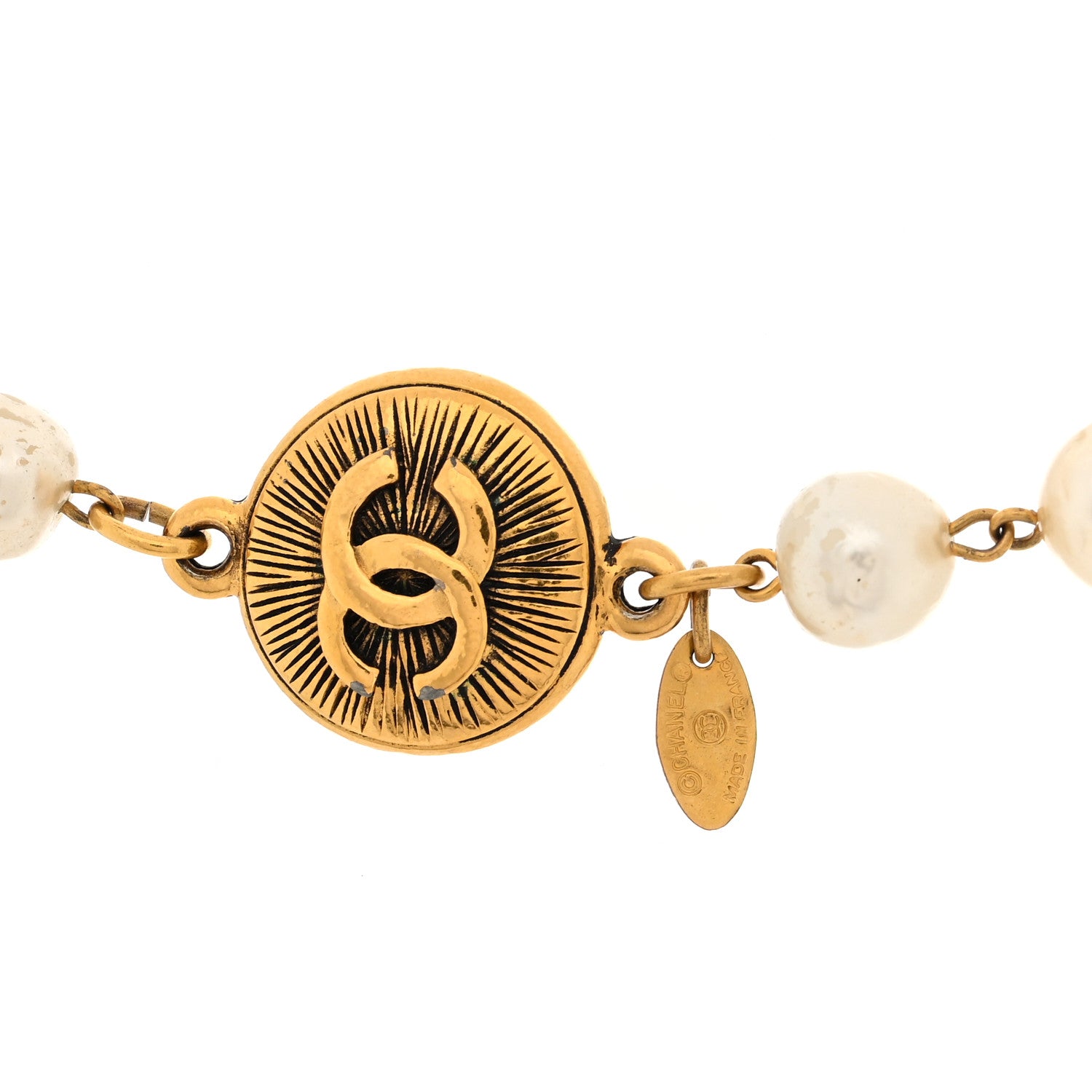 Chanel Metal Pearl CC Long Strand Necklace Gold White 4 of 4