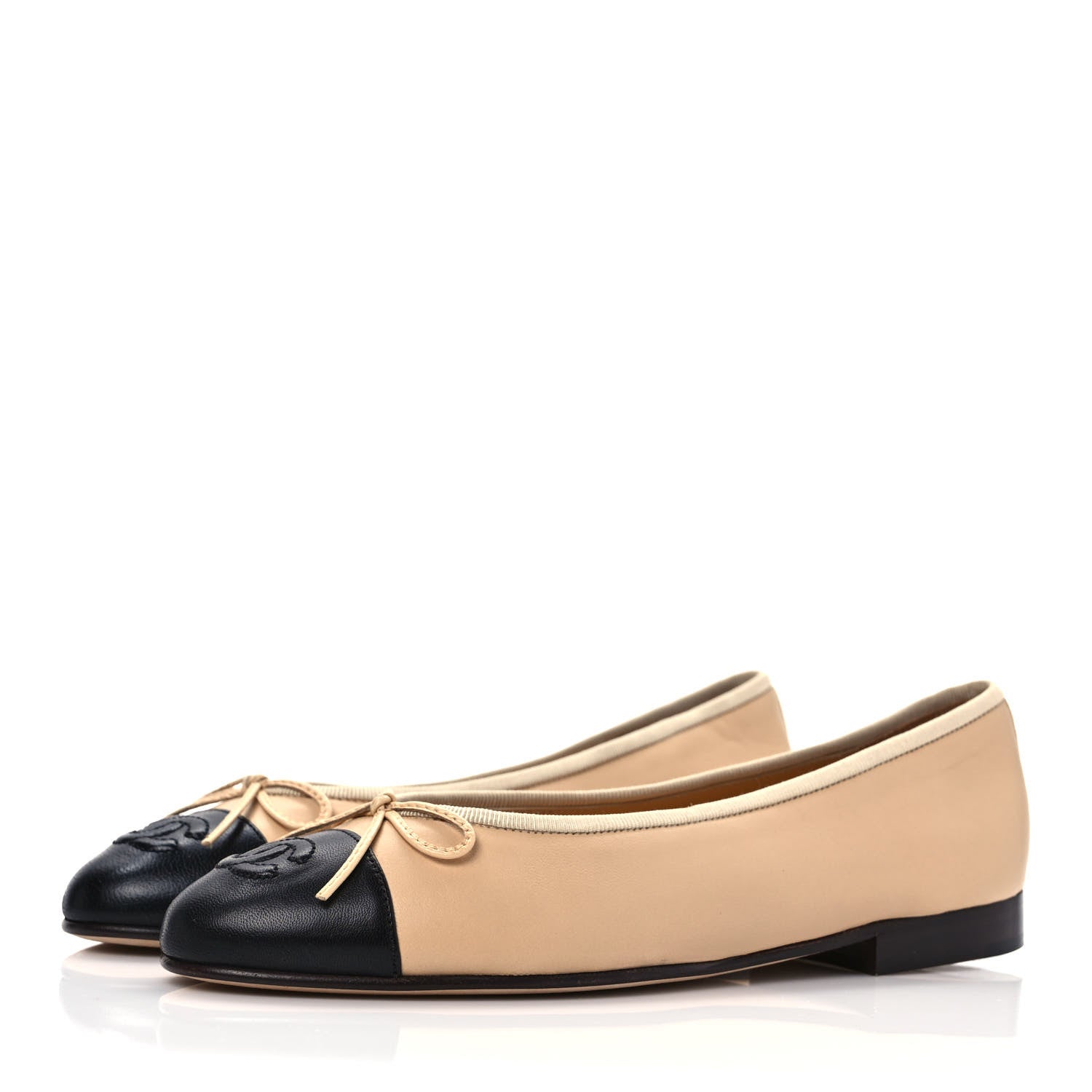 Chanel Lambskin Cap Toe CC Ballerina Flats 36.5 Beige Black 3 of 8