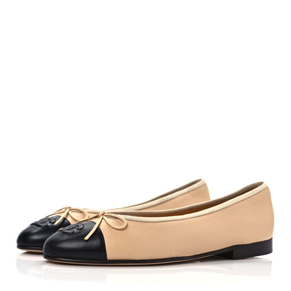 Chanel Lambskin Cap Toe CC Ballerina Flats 36.5 Beige Black 3 of 8